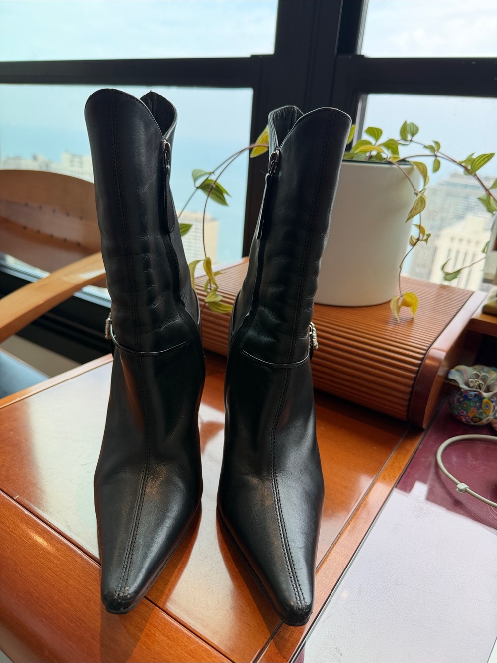 Giuseppe Zanotti Black Leather Stiletto Ankle Boots with Crystal Flower Accent - Picture 5 of 5